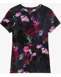 Ted Baker - Printed Floral-print Fitted Stretch-woven T-shirt - Lyst