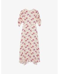 LK Bennett - Delilah Bouquet-print Ruched-sleeve Silk Midi Dress - Lyst