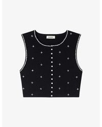 Sandro - Rhinestone-Embellished Cropped Knitted Top - Lyst
