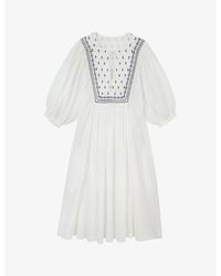 The White Company - Tie-neck Embroidered Organic-cotton Midi Dress - Lyst