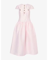 Self-Portrait - Buttoned Short-Sleeve Taffeta Midi Dress - Lyst