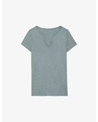 Zadig & Voltaire - Tunisien Button-neck Diamanté-embellished Cotton T-shirt - Lyst