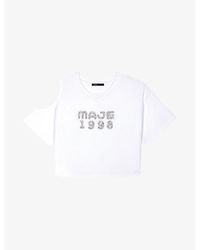Maje - ' 1998' Embellished Cut-out Shoulder Cotton T-shirt - Lyst