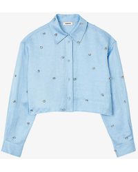 Sandro - Rhinestone-embellished Cropped Satin Shirt - Lyst