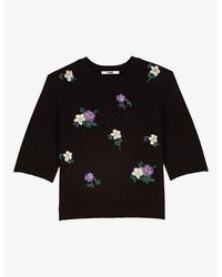 Maje - Floral-Embroidered Short-Sleeve Wool-Blend Jumper - Lyst