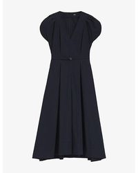 BOSS - V-Neck Belted-Waist Cotton-Blend Midi Dress - Lyst