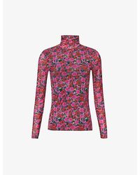 Ganni - High-neck Floral-print Recycled-polyamide Mesh Top - Lyst