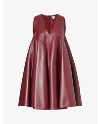 Bottega Veneta - Pomegrate V-neck A-line Leather Mini Dress - Lyst