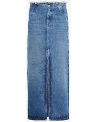 AllSaints - Cyra Frayed-waist High-rise Denim Maxi Skirt - Lyst