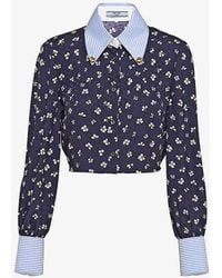 Prada - Floral-pattern Cropped Silk Shirt - Lyst