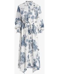 AllSaints - Skye Dekorah Graphic-print Asymmetric-hem Silk And Linen-blend Midi Dress - Lyst