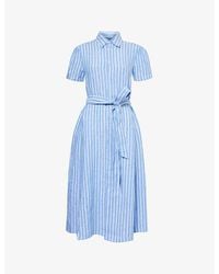 Polo Ralph Lauren - Stripe-print Belted Linen Midi Dress - Lyst