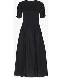 Whistles - Avery Ruched-sleeve Smocked Cotton Midi Dress - Lyst
