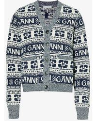 Ganni - Logo-intarsia V-neck Wool-blend Cardigan - Lyst