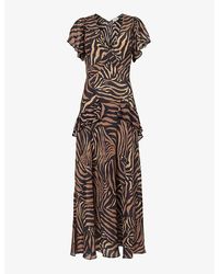 RIXO London - Evie Tiger-pattern Silk Midi Dress - Lyst