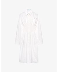 Prada - Smocking--Stitched Long-Sleeved Cotton-Canvas Midi Dress - Lyst