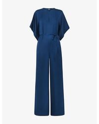 Whistles - Belted-Waist Short-Sleeve Satin Jumpsuit - Lyst