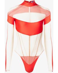 Red Mugler Synthetic Turtleneck Mesh-panel Stretch-woven Bodysuit in Red Nude Womens Clothing Lingerie Bodysuits 