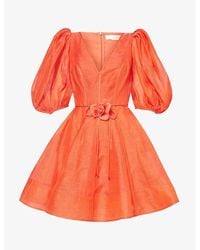 Zimmermann - V-neck Puff-sleeved Linen And Silk-blend Mini Dress - Lyst