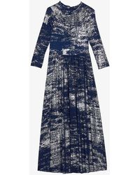 Ted Baker - iggiey Metallic-print Frilled-neck Stretch-woven Midi Dress - Lyst