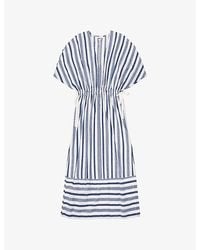 Ro&zo - Striped V-Neck Linen-Cotton Midi Dress - Lyst