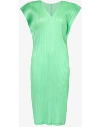 Pleats Please Issey Miyake - V-neck Pleated Knitted Midi Dress - Lyst