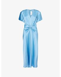 Victoria Beckham - Draped Pleat V-Neck Satin Midi Dress - Lyst