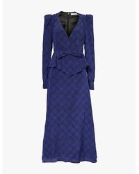 Alessandra Rich - Bluette / Tartan-Pattern Ruffle-Trim Regular-Fit Silk Midi Dress - Lyst