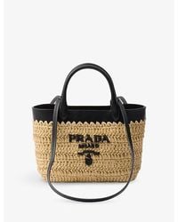 Prada - Logo-embroidered Mini Crochet And Leather Tote Bag - Lyst