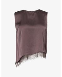 Vince - Asymmetric-Hem Lace-Trim Satin Top - Lyst