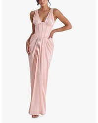 House Of Cb Debutante Cap-Sleeve Backless Satin Midi Dress in White | Lyst  UK