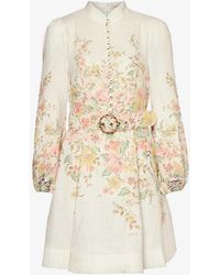 Zimmermann - Floral-print Puffed-sleeve Linen Mini Dress X - Lyst