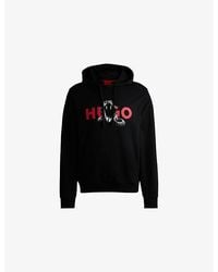 HUGO - Branded-Print Kangaroo-Pocket Cotton-Jersey Hoody - Lyst