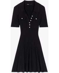 Maje - Open-collar Short-sleeve Stretch-knit Mini Dress - Lyst