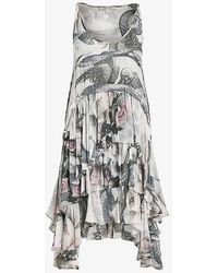 AllSaints - Cavarly Valley Graphic-print Ruffle-trim Woven Mini Dress - Lyst