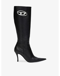 DIESEL - D-venus Brand-plaque Leather Heeled Knee-high Boots - Lyst