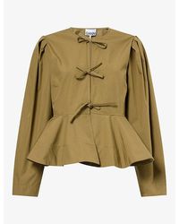 Ganni - Bow-Embellished Peplum-Hem Cotton Blouse - Lyst