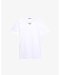 Prada - Embroidered-Triangle Short-Sleeve Cotton-Jersey T-Shirt - Lyst