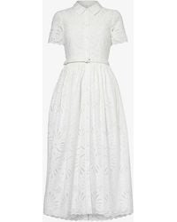 Self-Portrait - Broderie-anglaise Belted-waist Cotton Midi Dress - Lyst