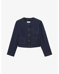 Reiss - Edie Collarless Cropped Denim-Blend Jacket - Lyst