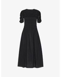 Whistles - Avery Ruched-Sleeve Smocked Cotton Midi Dress - Lyst