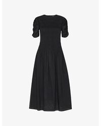 Whistles - Avery Ruched-Sleeve Smocked Cotton Midi Dress - Lyst