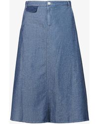 Benetton A-line Cotton And Linen-blend Midi Skirt - Blue