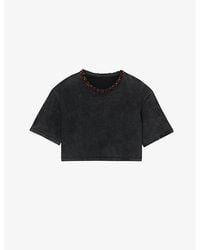 Sandro - Beaded-Neck Cropped Cotton T-Shirt - Lyst