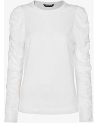 Whistles - Round-neck Ruched-sleeve Cotton-blend Top - Lyst