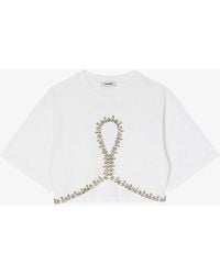 Sandro - Rhinestone-embellished Cut-out Cotton T-shirt - Lyst