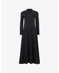 eem - Textured-Sleeve High-Neck Stretch Cotton-Blend Midi Dresss - Lyst