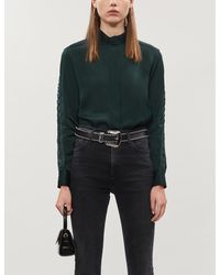 Sandro High-neck Embroidered-trim Satin Blouse - Green
