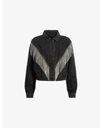 AllSaints - Marlene Embellished-Tassel Short Denim Jacket - Lyst