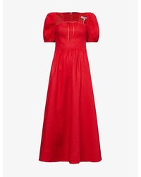 Reformation - Marella Puffed-sleeve Curved-neck Linen Midi Dress - Lyst